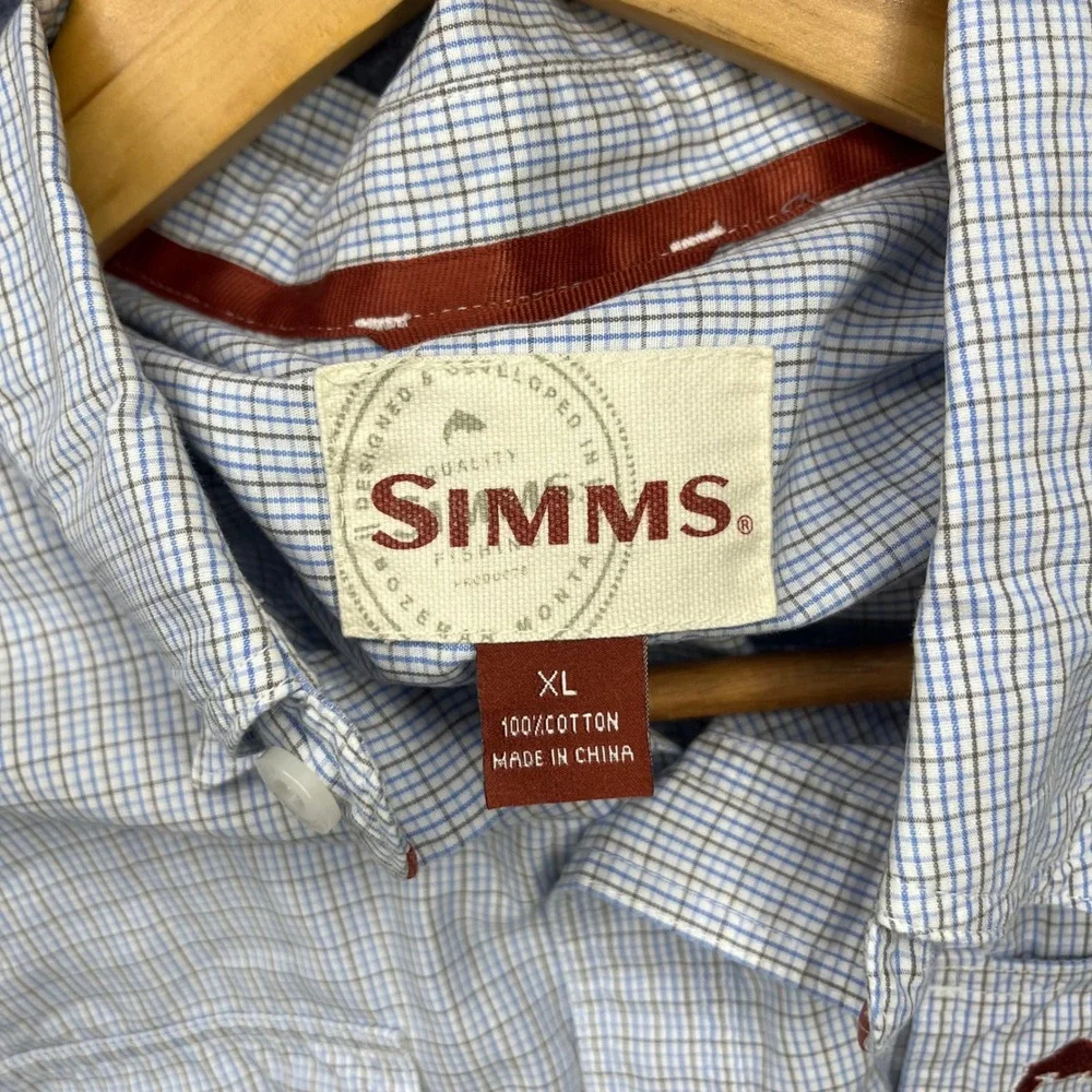 Simms Fishing Shirt Mens XL Blue White Plaid Cotton Long Sleeve Button Down Logo
